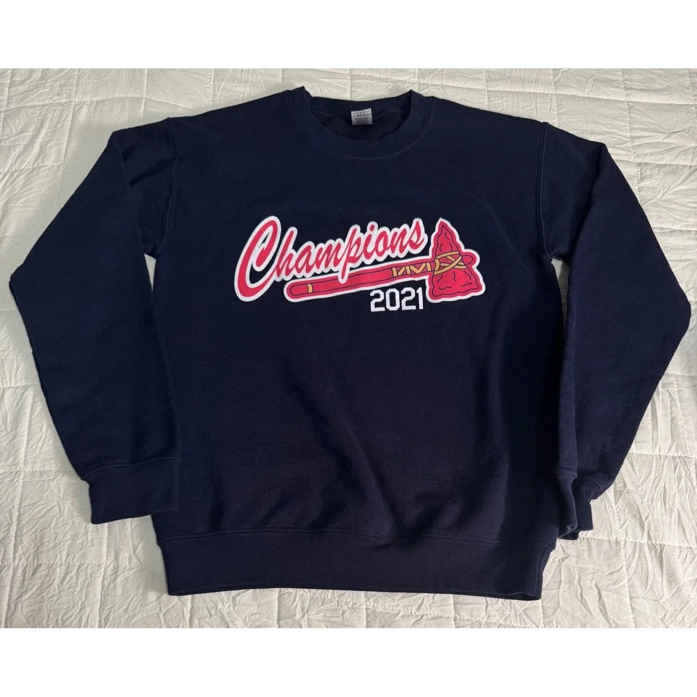 Atlanta Braves Champions 2021 Sweatshirt Mens Small‎ Gildan Heavy Blend Navy